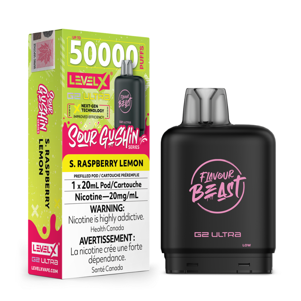 Sour Gushin S. Raspberry Lemon - Flavour Beast Level X G2 Ultra Replacement Vape Pod - 50K Puffs - 20mL