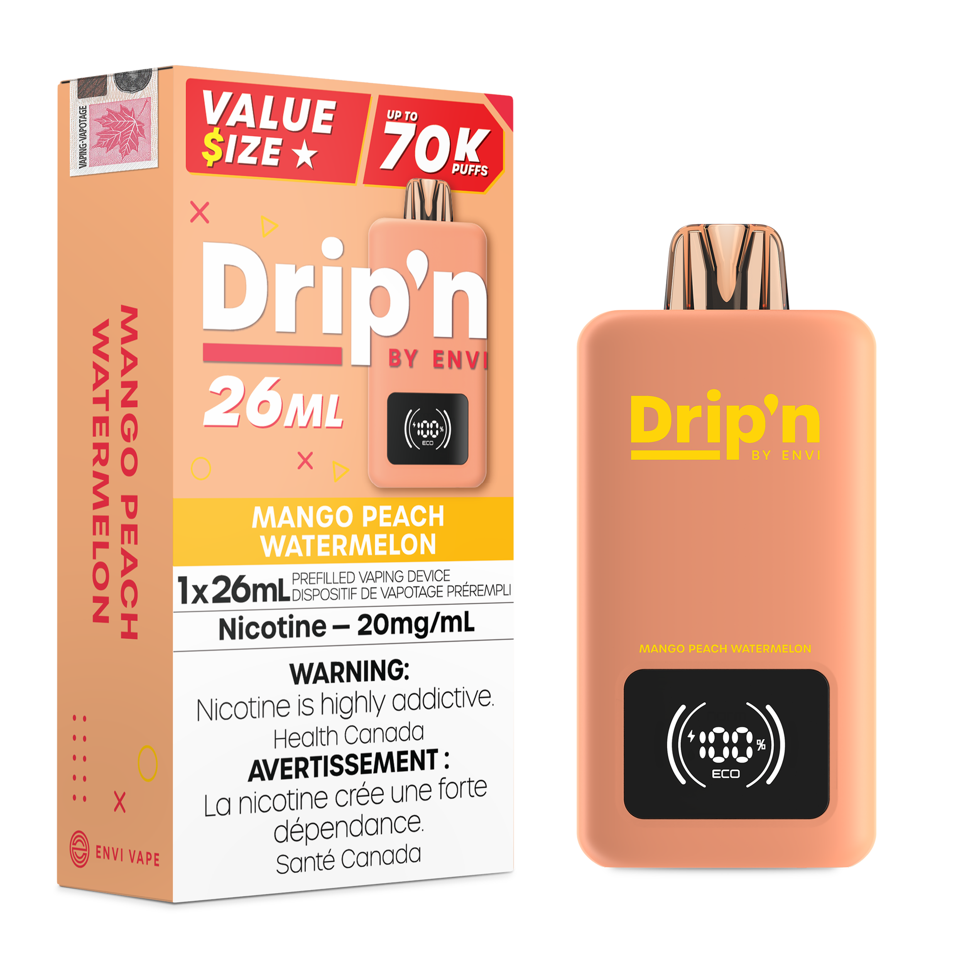 Drip'n by Envi 26mL Disposable Vape - 70K Puffs - 26mL - Mango Peach Watermelon