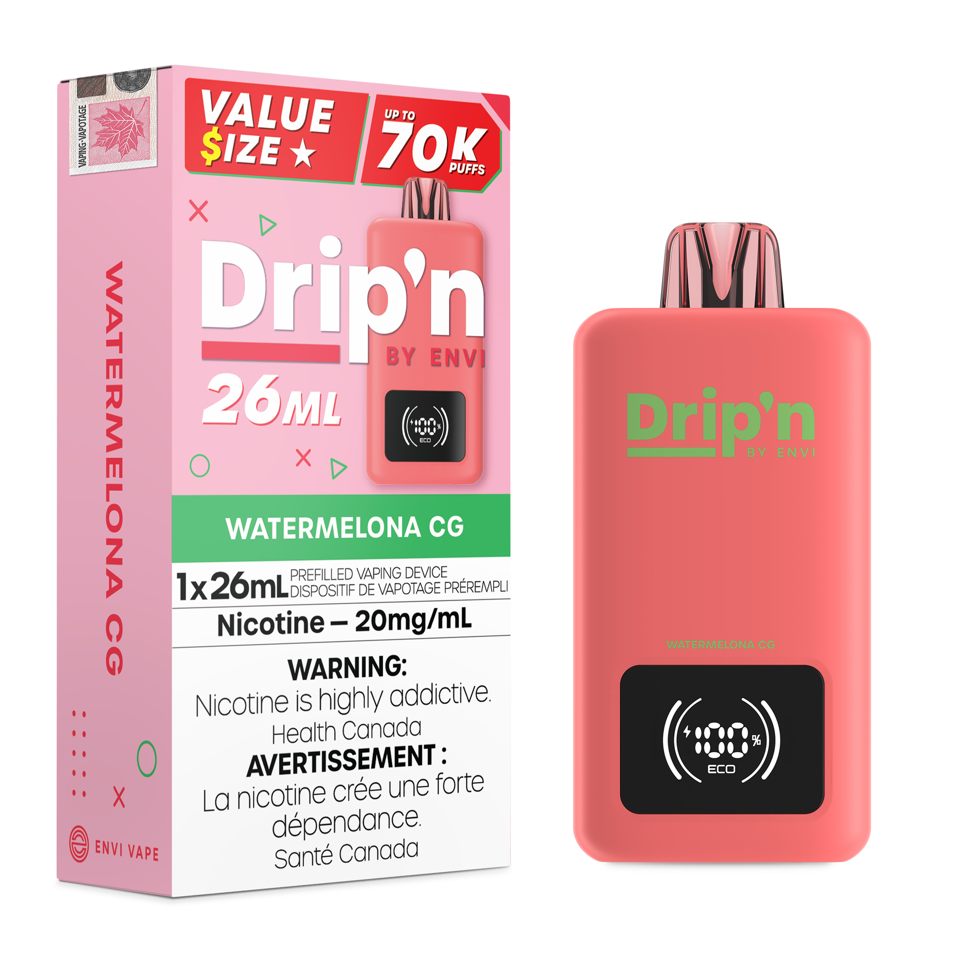 Drip'n by Envi 26mL Disposable Vape - 70K Puffs - 26mL - Watermelona Cg