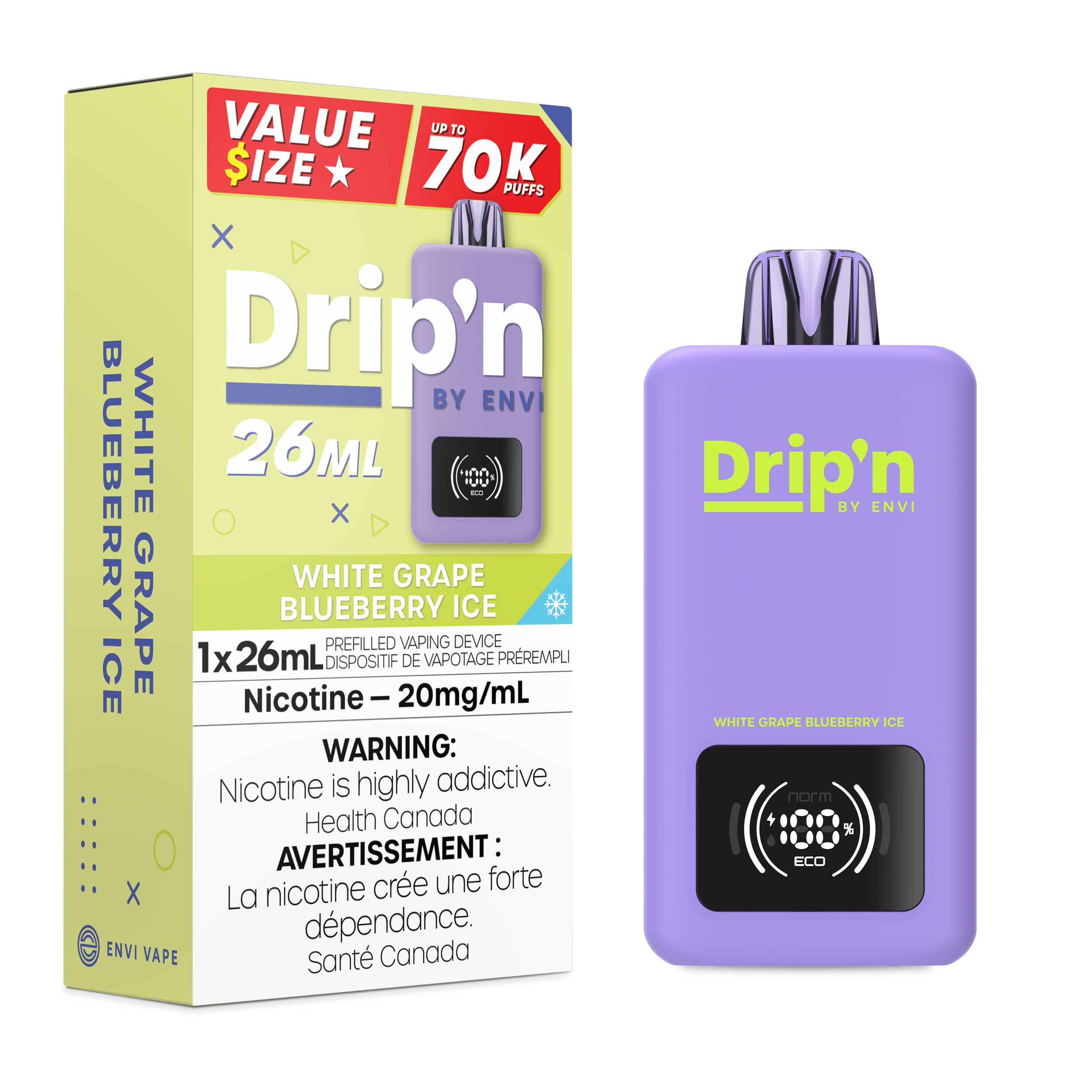 Drip'n by Envi 26mL Disposable Vape - 70K Puffs - 26mL - White Grape Blueberry Ice