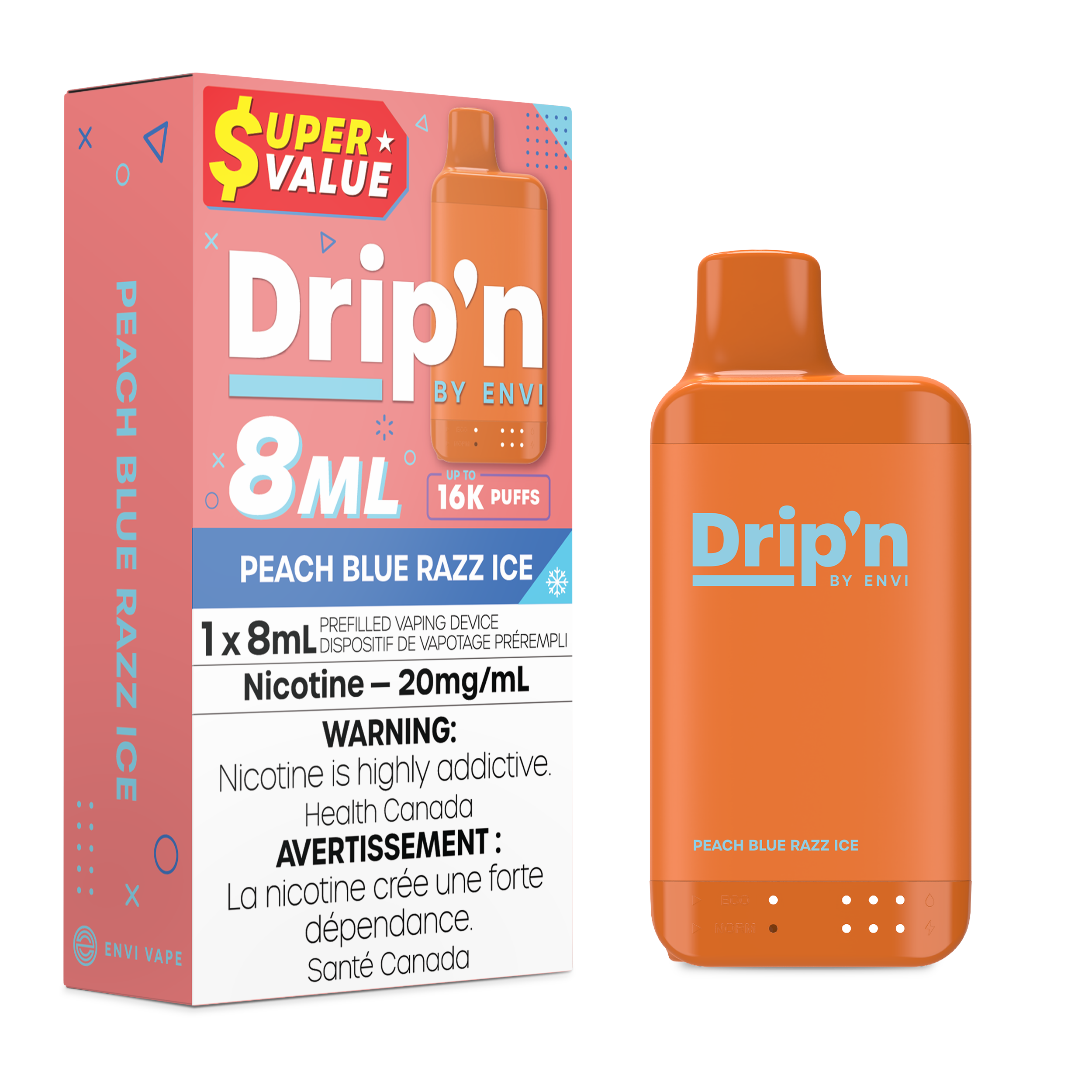Drip'n by Envi 8mL Disposable Vape - 16K Puffs - 8mL - Peach Blue Razz Ice