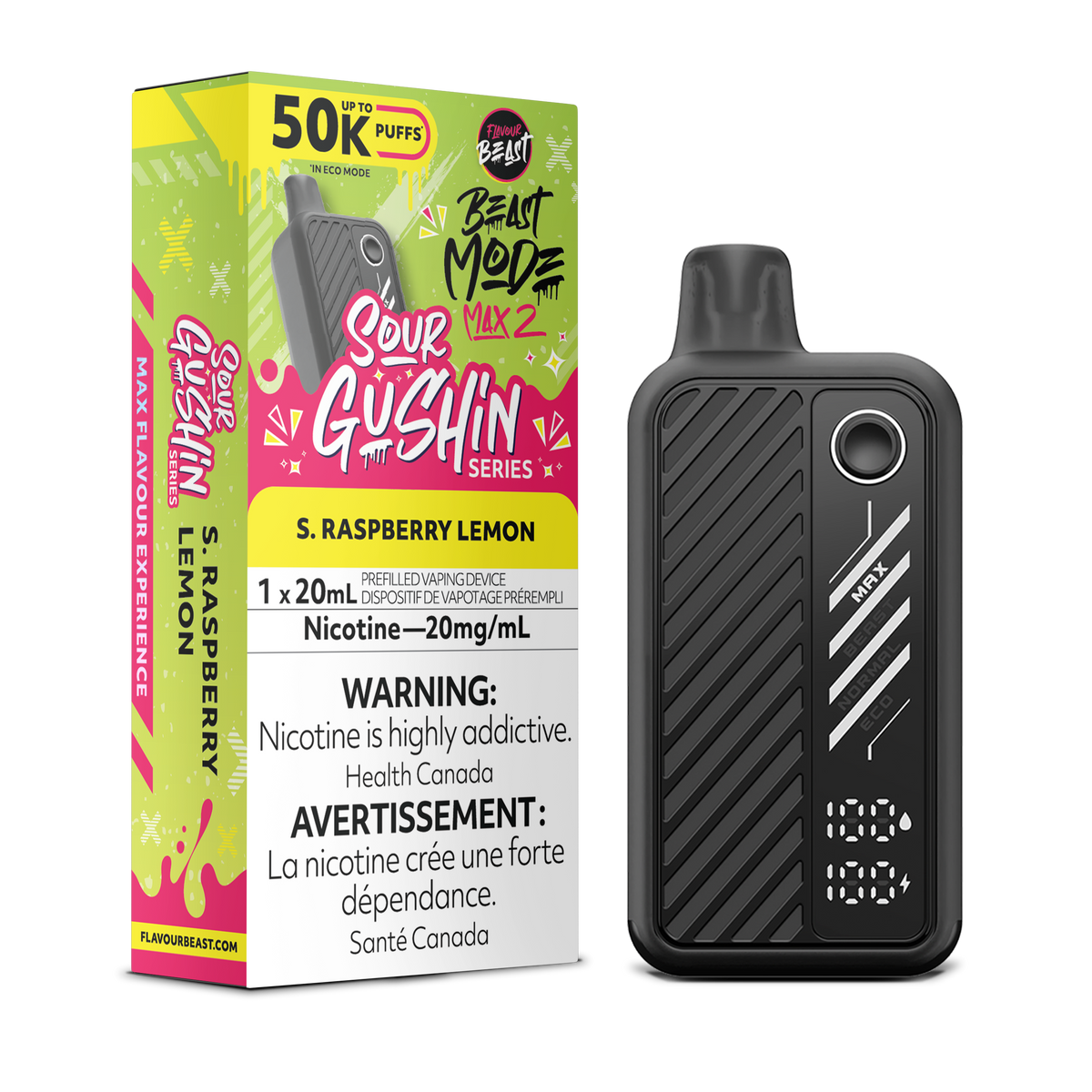 Flavour Beast Beast Mode Max 2 Disposable Vape - 50K Puffs - 20mL - Sour Gushin S. Raspberry Lemon