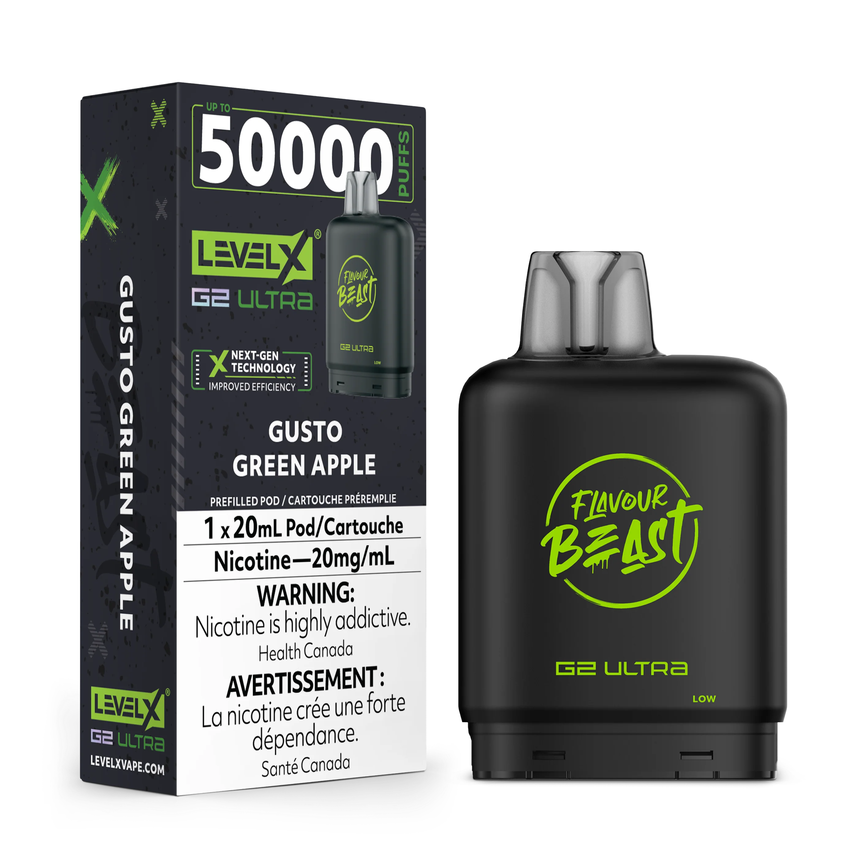Gusto Green Apple - Flavour Beast Level X G2 Ultra Replacement Vape Pod - 50K Puffs - 20mL