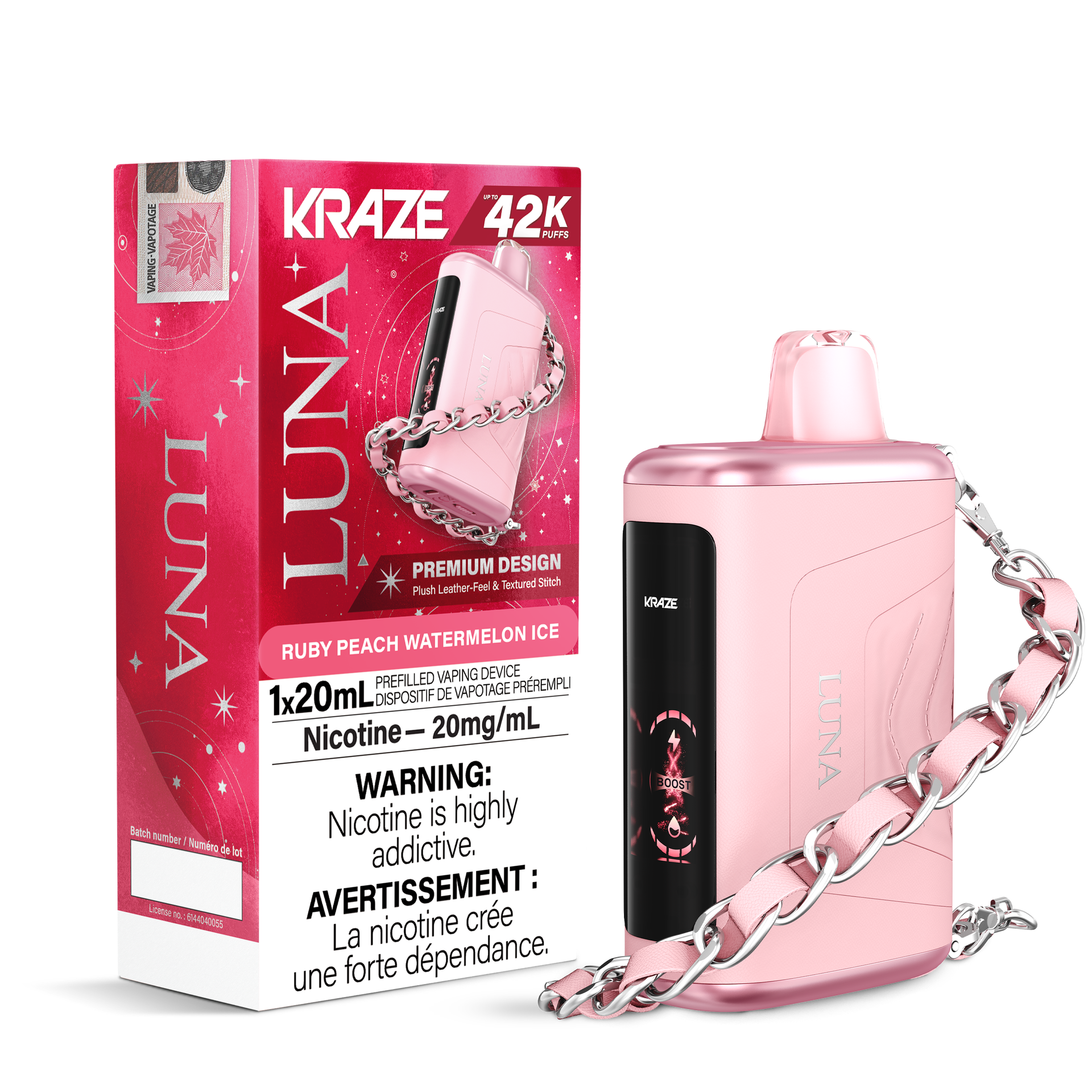 Kraze Luna Disposable Vape - 42K Puffs - 20mL - Ruby Peach Watermelon Ice