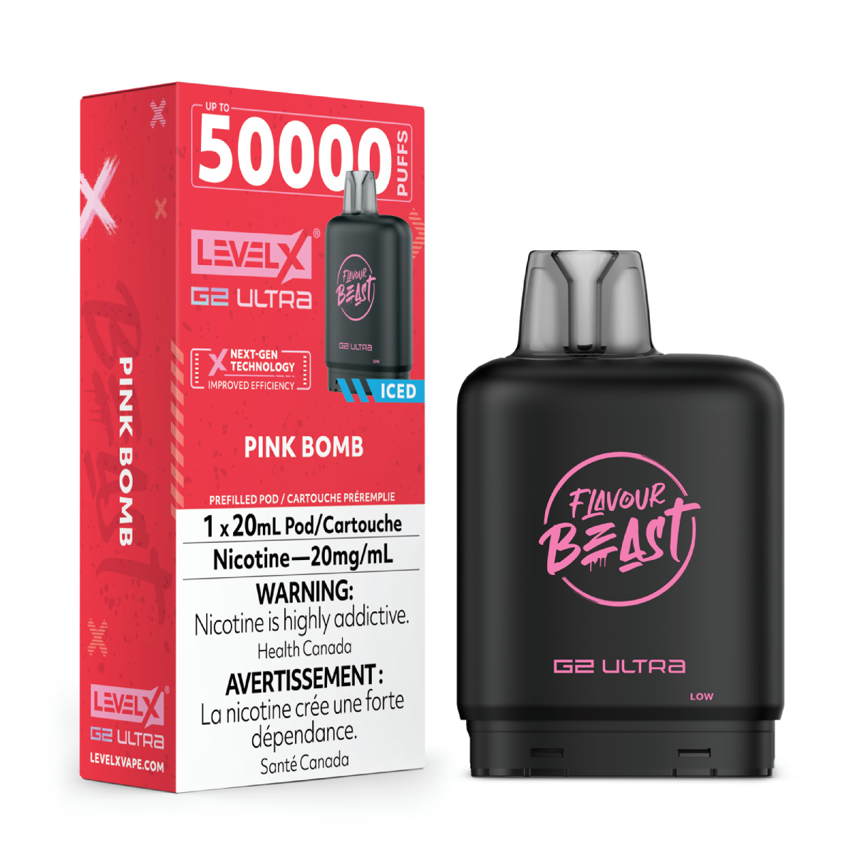 Pink Bomb Iced - Flavour Beast Level X G2 Ultra Replacement Vape Pod - 50K Puffs - 20mL