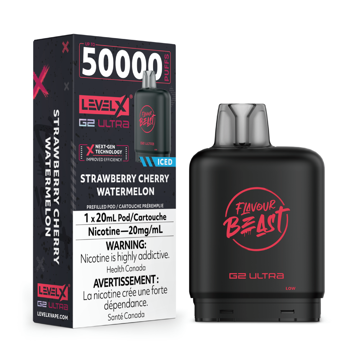 Strawberry Cherry Watermelon Iced - Flavour Beast Level X G2 Ultra Replacement Vape Pod - 50K Puffs - 20mL