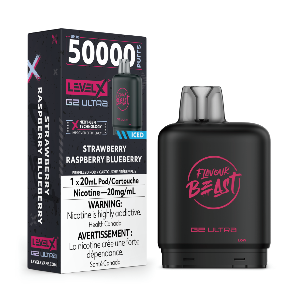 Strawberry Raspberry Blueberry Iced - Flavour Beast Level X G2 Ultra Replacement Vape Pod - 50K Puffs - 20mL
