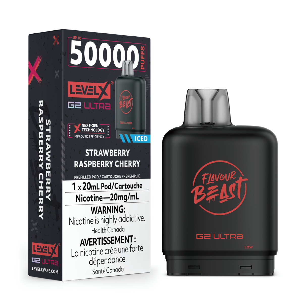 Strawberry Raspberry Cherry Iced - Flavour Beast Level X G2 Ultra Replacement Vape Pod - 50K Puffs - 20mL